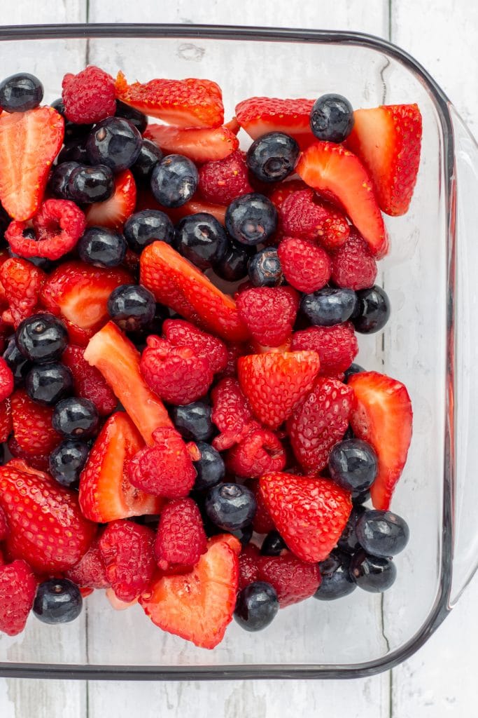 fruit in a glass pan on a white background close up