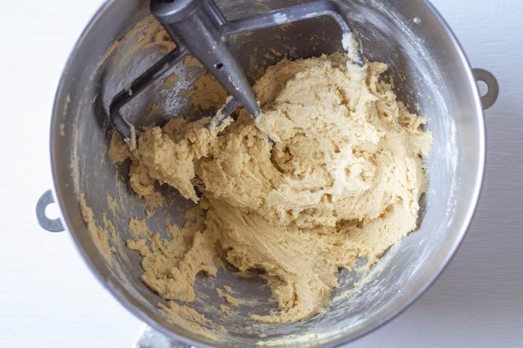 cookie dough batter in a mixing bowl