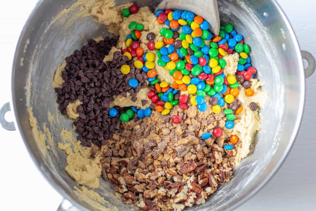cookie batter with toppings in a bowl