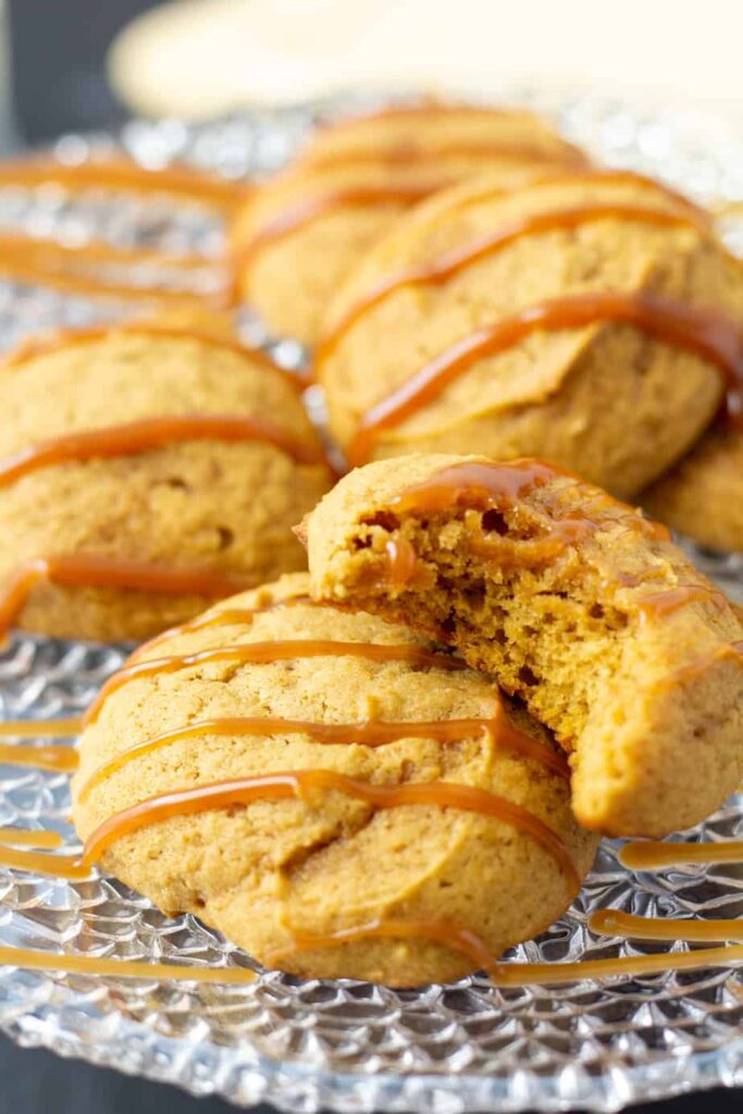 pumpkin cookies with caramel drizzled over the top. 