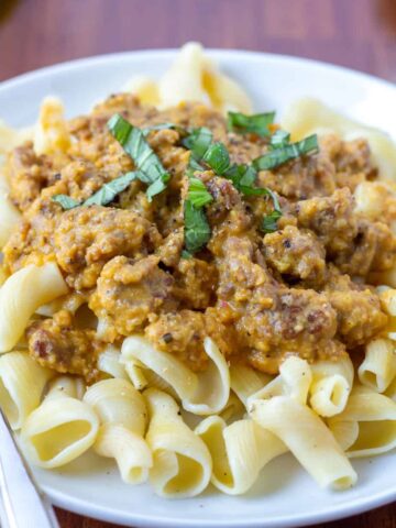 pasta with sauce with basil on top