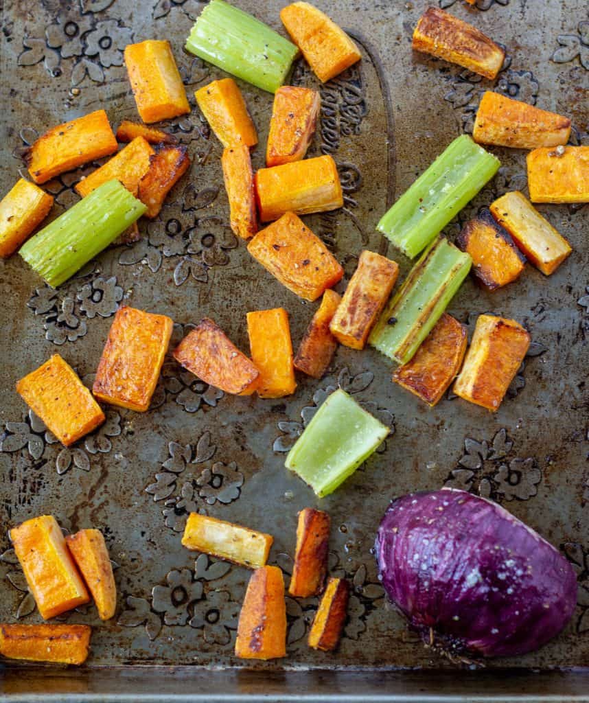 roasted veggies on sheet pan