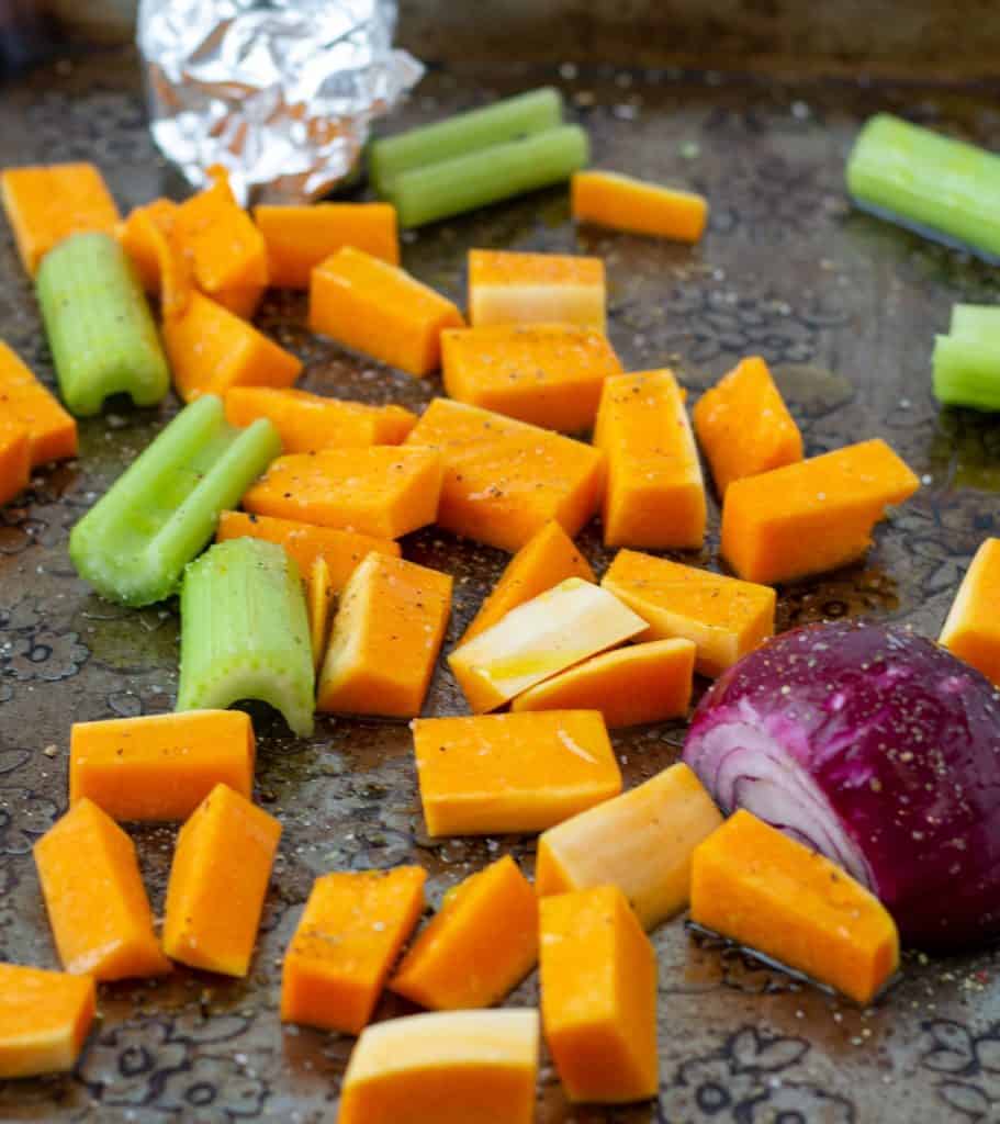 raw veggies on a sheet pan