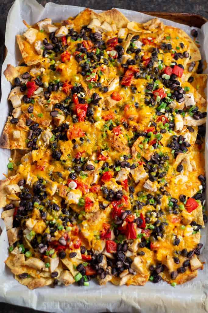 chicken nachos on a sheet pan