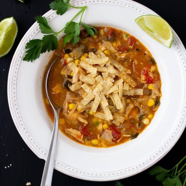 soup in a white bowl on a black background with a spoon