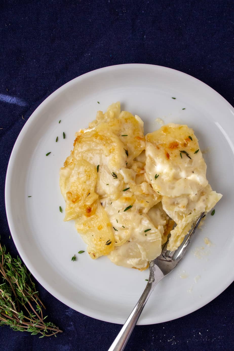 creamy potatoes on a white plate with a fork