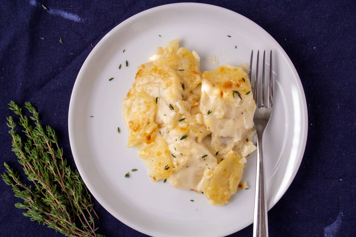 creamy potatoes on a white plate with a fork