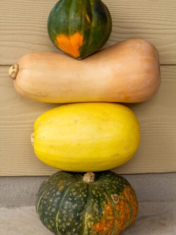 squashes stacked on top of each other with a tan background