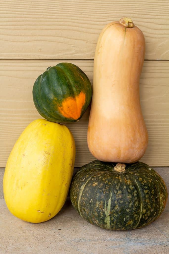 winter squash stacked on top of each other with a tan background