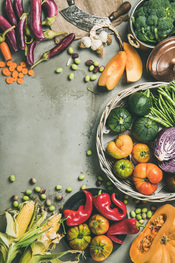 Fruit and vegetables spread in a semi circle