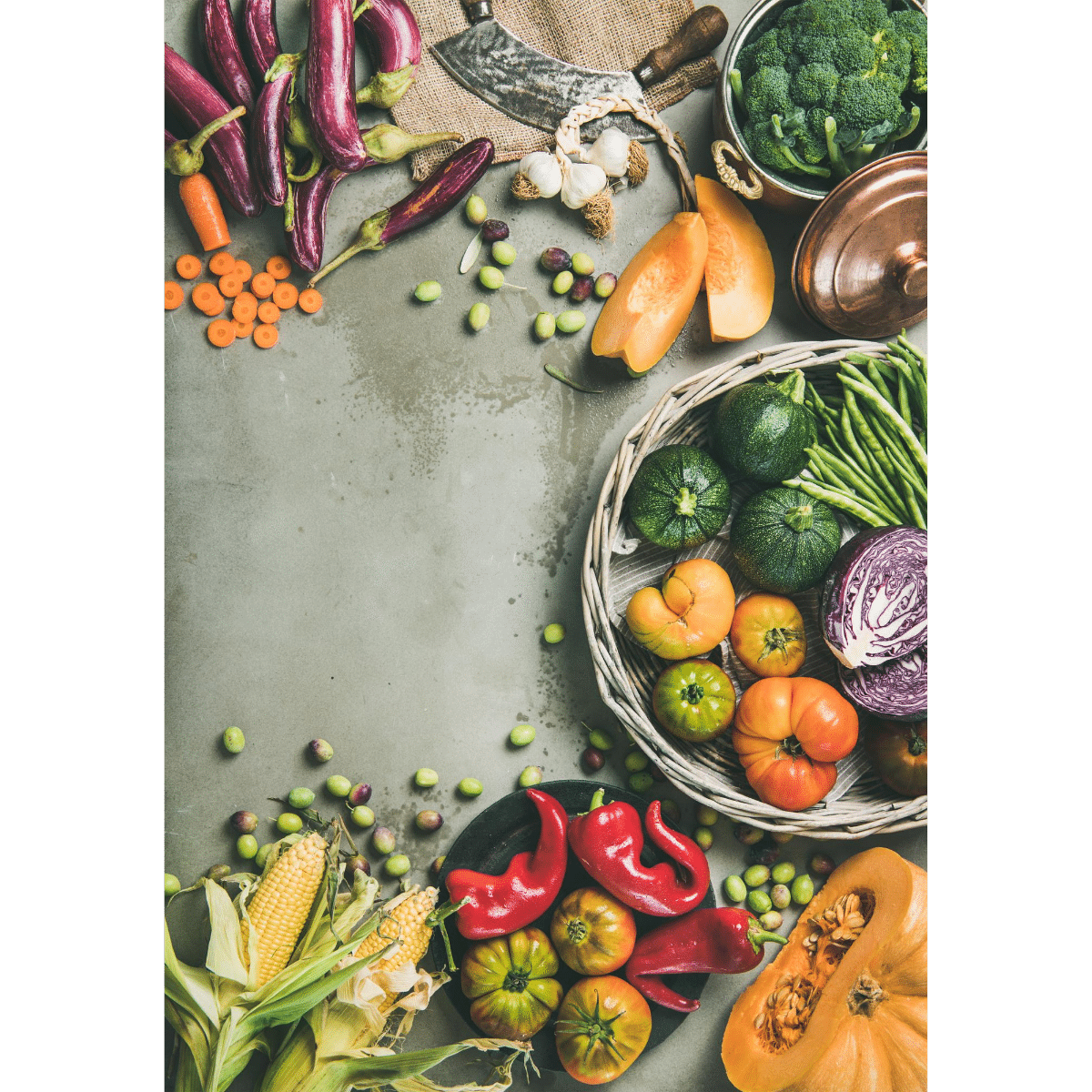 Fruit and vegetables spread in a semi circle