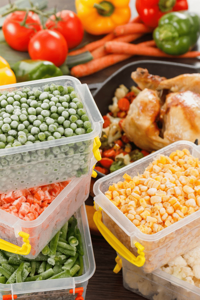 Frozen vegetables in plastic containers