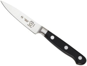 A paring knife with a black handle