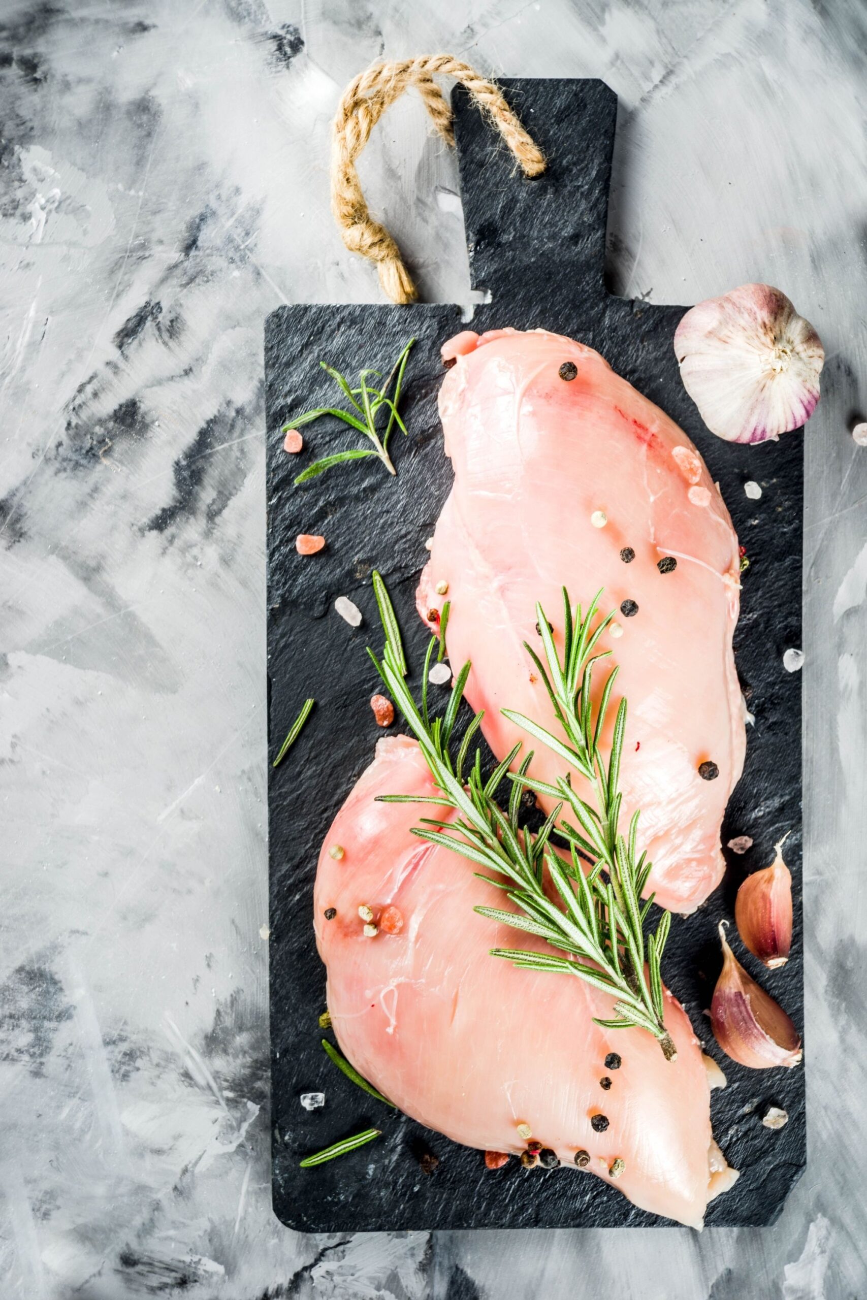 two chicken breasts on a gray slate with rosemary on top