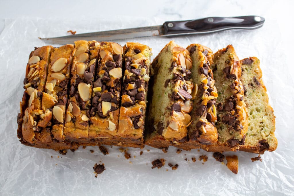 bread with chocolate chips on top cut into slices