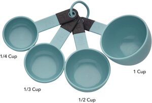 A set of teal and black measuring cups