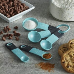 A set of teal and black measuring spoons