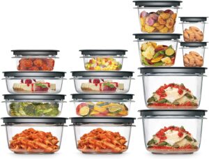 28 pieces of plastic containers with lids filled with food in an artful design 