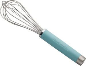 A kitchen whisk with a teal handle